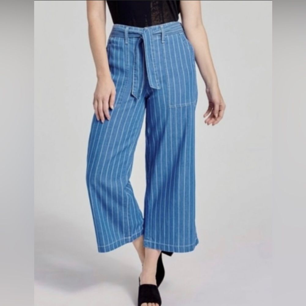 Seven 7 Belted Wide Leg Crop Pants Blue Chambray White Stripes Size 10
